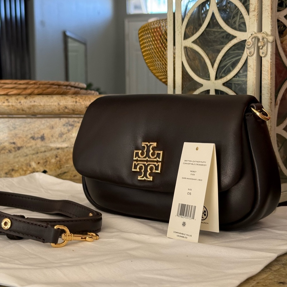 NEw tory burch BRITTEN LEATHER PUFFY CONVERTIBLE CROSSBODY DARK MAHOGANY - Picture 11 of 12